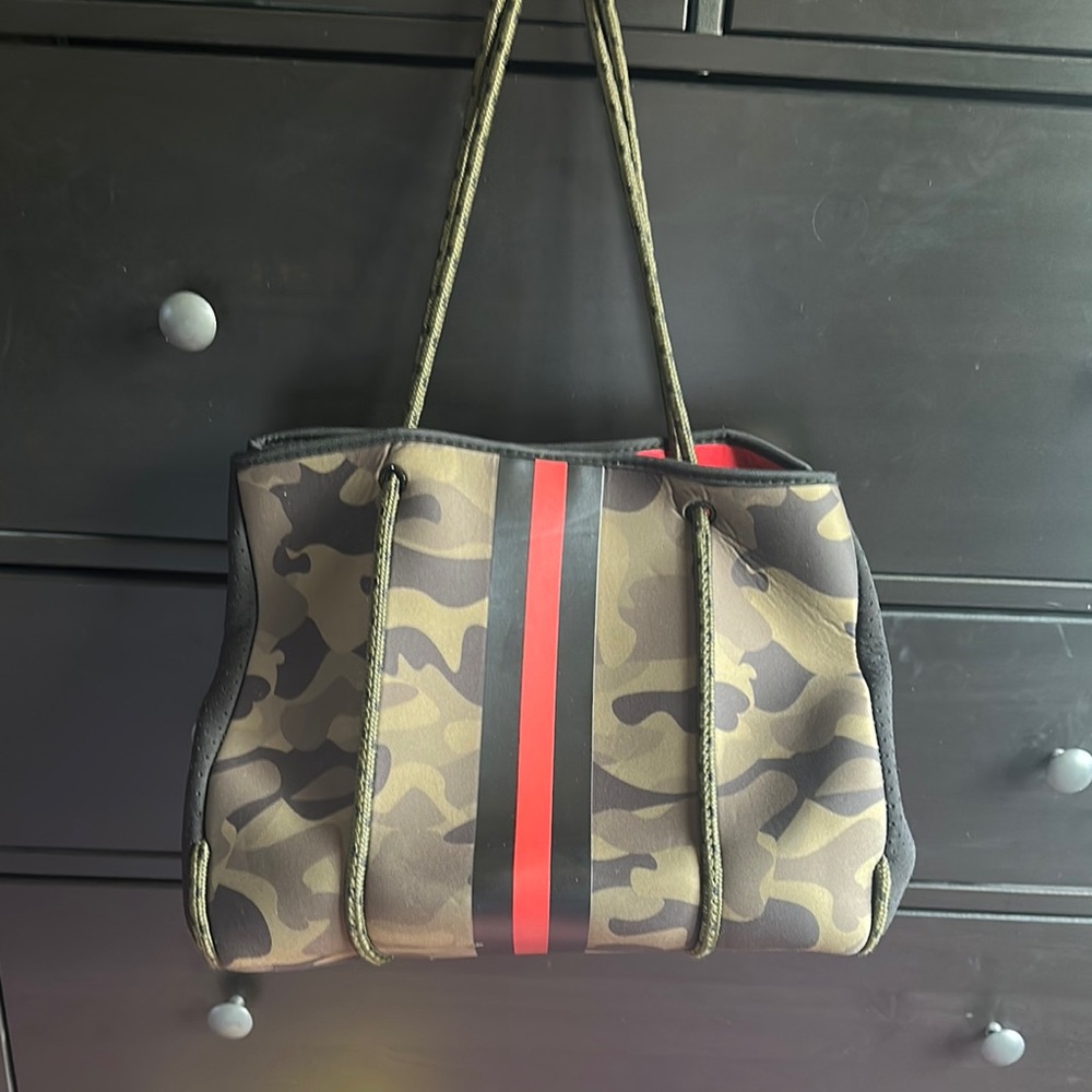 Camouflage Tote Bag with Red Stripe